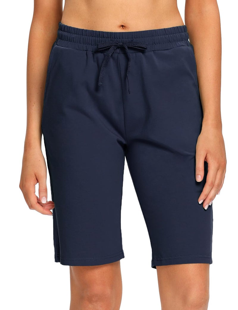 EZRUN Womens Bermuda Shorts Summer Sweat Shorts with Deep Pockets 10" Cotton Shorts for Women Gym Workout Navy - Image 3